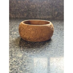 Vintage Hand Carved Floral Flowers Chunky Wooden Bangle Bracelet‎